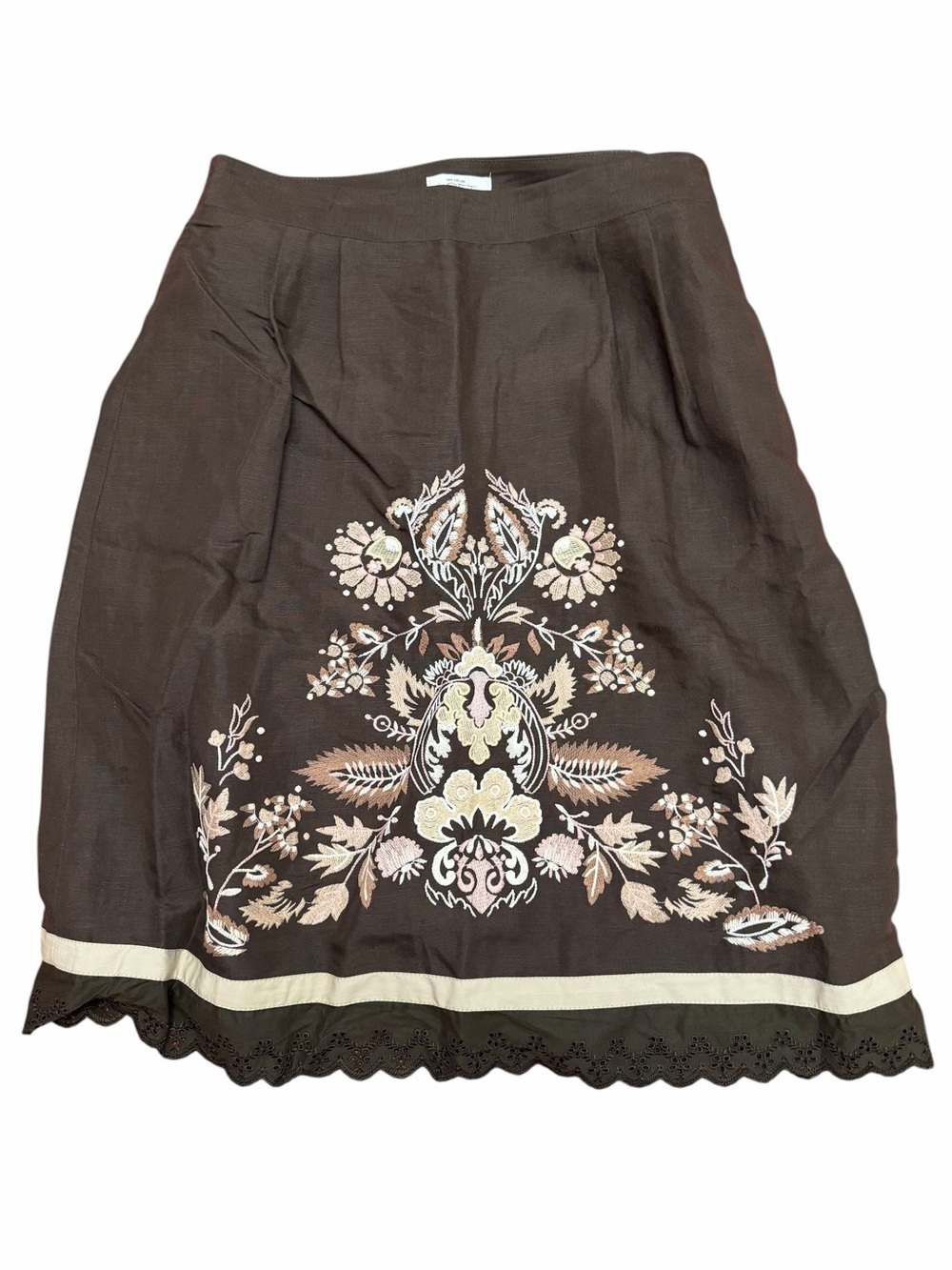 LOFT Ann Taylor Brown Linen Floral Embroidered Skirt 6
